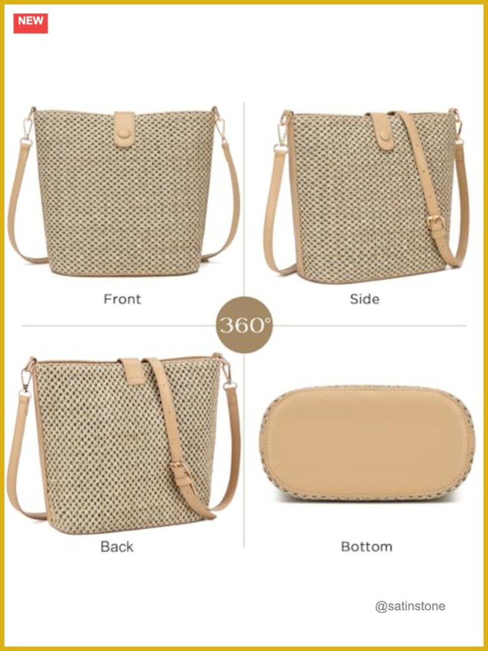 Woven Straw Crossbody Bag with Leather Strap Beach Summer Purse - Picture 4 of 7
